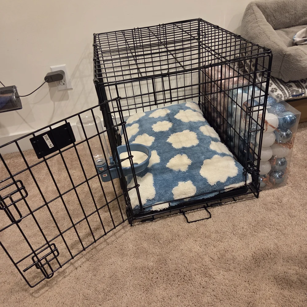 Black Wire Pet Cage with Blue and White Cushion